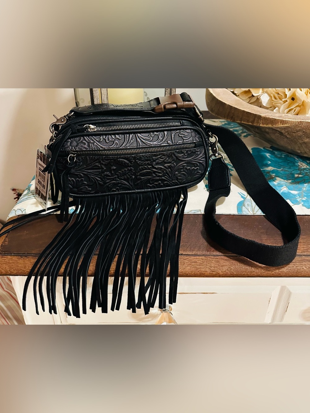 Fringed Black Embossed Crossbody Bag